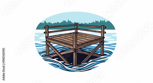 A wooden dock juts into a calm lake, framed by distant trees