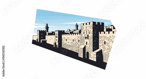 Ancient stone city walls with towers and minarets against a blue sky