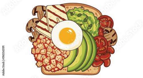 Artistically illustrated open-faced sandwich with a variety of healthy toppings