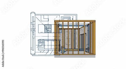 Blueprint overlay of a kitchen with framed wall construction