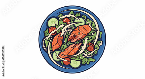 Colorful illustration of a healthy salmon and vegetable salad in a blue bowl