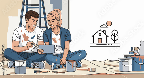 Couple planning home renovation project on tablet surrounded by paint supplies