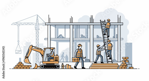 Construction workers build a multi-story building with heavy machinery and cranes