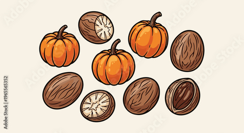 Cute hand-drawn pumpkins and nutmeg seeds arranged on a neutral background