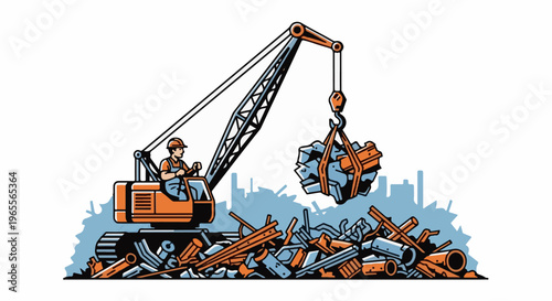 Crane operator sorts metal scrap at industrial recycling site