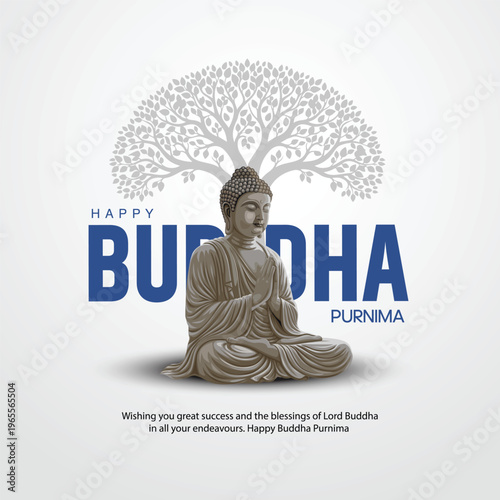 Happy Vesak Day, Buddha Purnima wishes greetings with buddha and lotus illustration. Can be used for poster, banner, logo, background, greetings, print design. abstract illustration design.