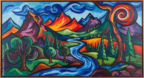Vibrant Abstract Landscape Oil Painting of Mountains and Winding River in Expressionist Style with Colorful Trees and Swirling Clouds