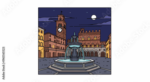 Illuminated fountain in a town square at night under the moon