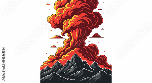 Fiery eruption from jagged mountain peaks against a white backdrop
