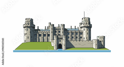 Imposing stone fortress with multiple towers and a central gatehouse by water