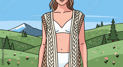 Woman in knit vest and white underwear stands in a rolling green landscape