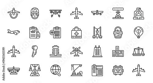 Comprehensive Aviation and Airport Logistics Icon Set: Linear Vector Symbols for Travel, Flight Operations, Transport, Cargo, and Air Traffic Control Services