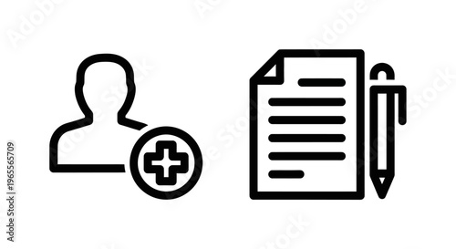 User profile creation and document editing outline icons set for web and app interfaces, symbolizing registration, content management, and digital input
