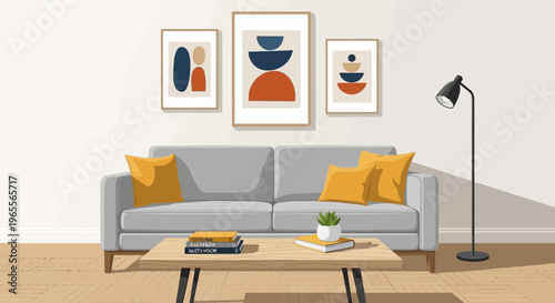 Modern Living Room Interior Illustration with Grey Sofa and Abstract Wall Art