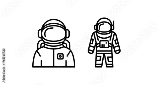 Outline vector icons of an astronaut and a spacesuit, representing space exploration, future missions, cosmic adventure, and scientific discovery, sci fi