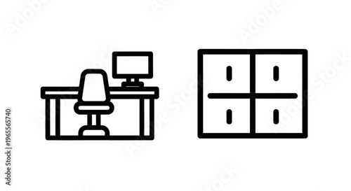 Office workspace desk with computer and organized storage cabinet line art icons for business environments