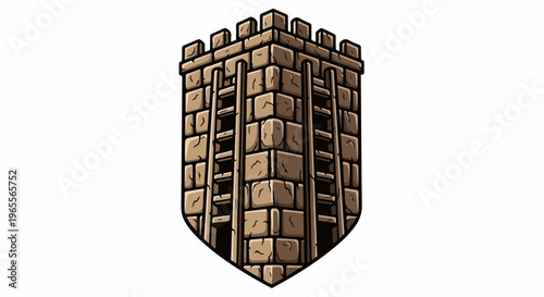 Cartoonish stone tower structure with battlements and barred windows