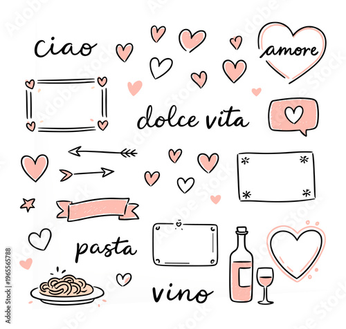 Romantic Italian Doodle Set with Hearts, Lettering and Hand Drawn Elements