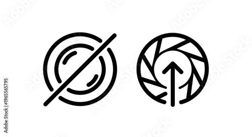 No entry and aperture upload icons set. outline vector symbol for photography restrictions, disabled features, or file export