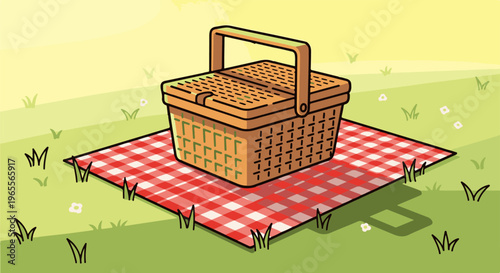 A simple illustration of a picnic basket on a red and white checkered blanket outdoors