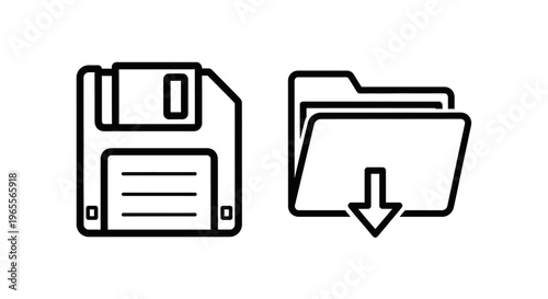 Clean line art icons for digital file save, data download, document storage, and information management systems