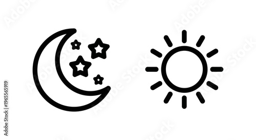 Dark mode and light mode outline icons representing user interface themes for day and night settings on digital devices
