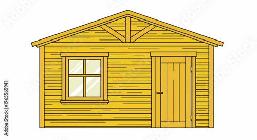 Simple yellow wooden shed with window and door, white background