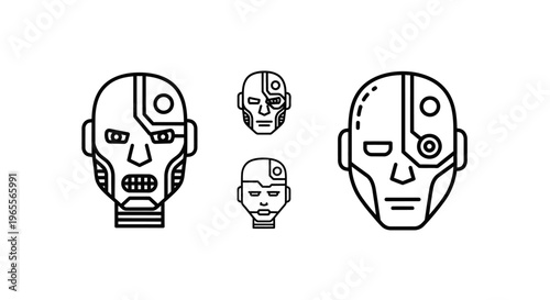 Collection of black outline vector icons featuring various robot and cyborg heads, symbolizing artificial intelligence, future technology, and science fiction concepts