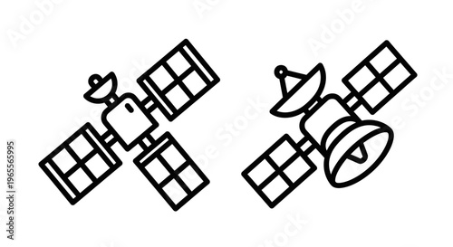 Simple line art illustrations of two different communication satellite models with solar panels for technology and space exploration icons