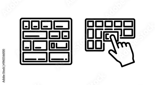 Dashboard builder and widget arrangement icon set: user interface elements for custom layouts, data organization, and drag-and-drop functions