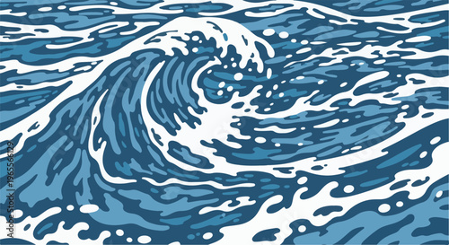 Stylized blue and white ocean waves in motion, crashing and swirling