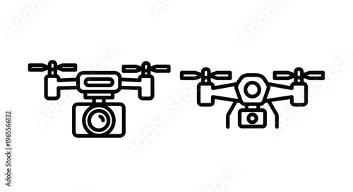 Modern black outline drone with camera icon set for aerial photography, videography, and remote control technology