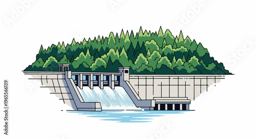 Stylized dam with cascading water against a lush forest backdrop