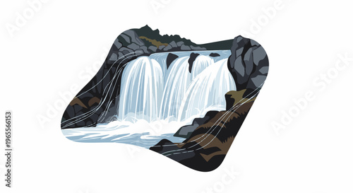 Stylized depiction of a multi-tiered waterfall cascading over dark rocks into water