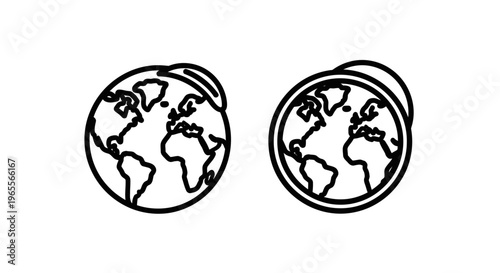 Simple black outline globe icon set representing global connection, world map, international business, and environmental concepts
