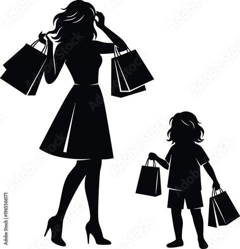Silhouette of Mother and Child Carrying Shopping Bags, Vector Illustration Representing Family Bonding, Retail Activity, Parenting, Consumerism, and Lifestyle Concepts