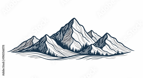 Stylized peaks with snow-capped ridges and pine forest at the base