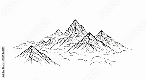 Stylized mountain peaks rise above a sea of clouds in a black and white sketch