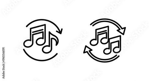 Music sync playlist icon set featuring musical notes with circular arrows for audio synchronization and digital entertainment