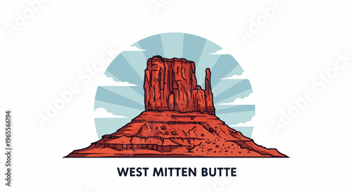 Stylized red rock formation with sun rays and clouds