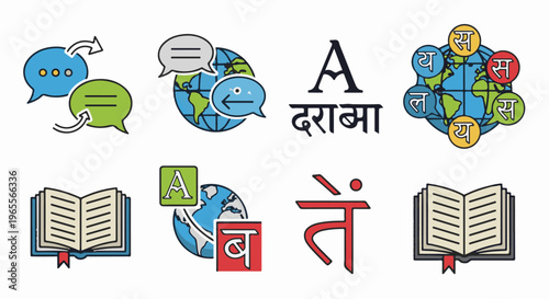 Collection of icons representing global communication, languages, and learning