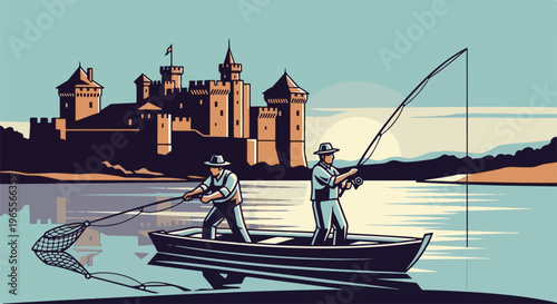Two men fish from a boat in a lake, with a grand castle in the background