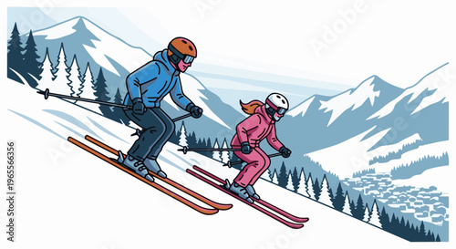 Two skiers descend a snowy mountain slope, surrounded by pine trees and distant peaks