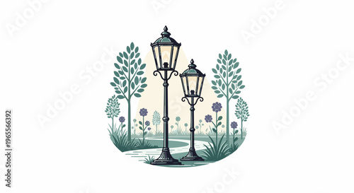 Two vintage lampposts stand in a garden with trees and flowers