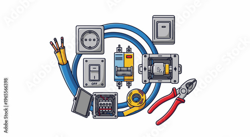 Electrical components, wiring, and tools arranged artfully