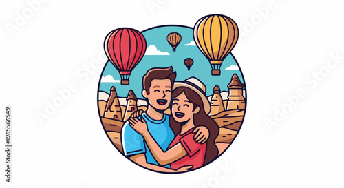 Couple in hot air balloons over rocky landscape