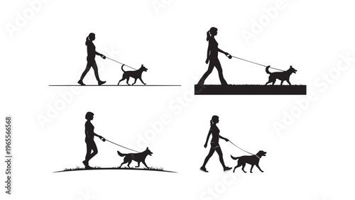 Dog Walking Daily Routine Silhouette Set – Pet Owner Outdoor Activity and Urban Lifestyle Concept for Animal Care and Social Campaign Design