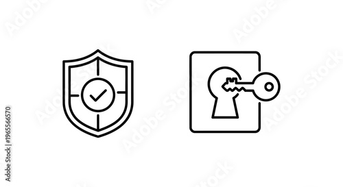 Security policy icons featuring a protective shield with a checkmark for enforcement and a key with a keyhole for access control, minimalist black outline design for web and application software