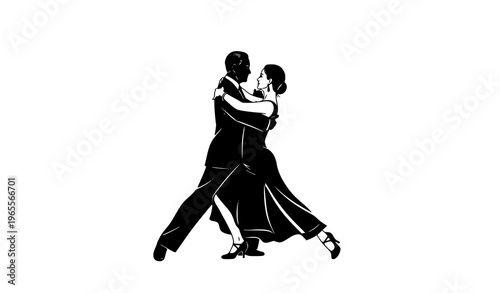 Elegant tango dancing couple silhouette ballroom romantic dancers black and white vector illustration
