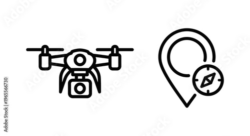 Drone quadcopter with camera icon and gps location pin with compass symbol, black and white minimalist line art vector set for aerial photography and navigation technology concepts on white background